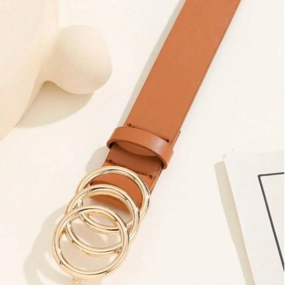 Vegan Leather 3-Ring Buckle Gold Color Belt Brown